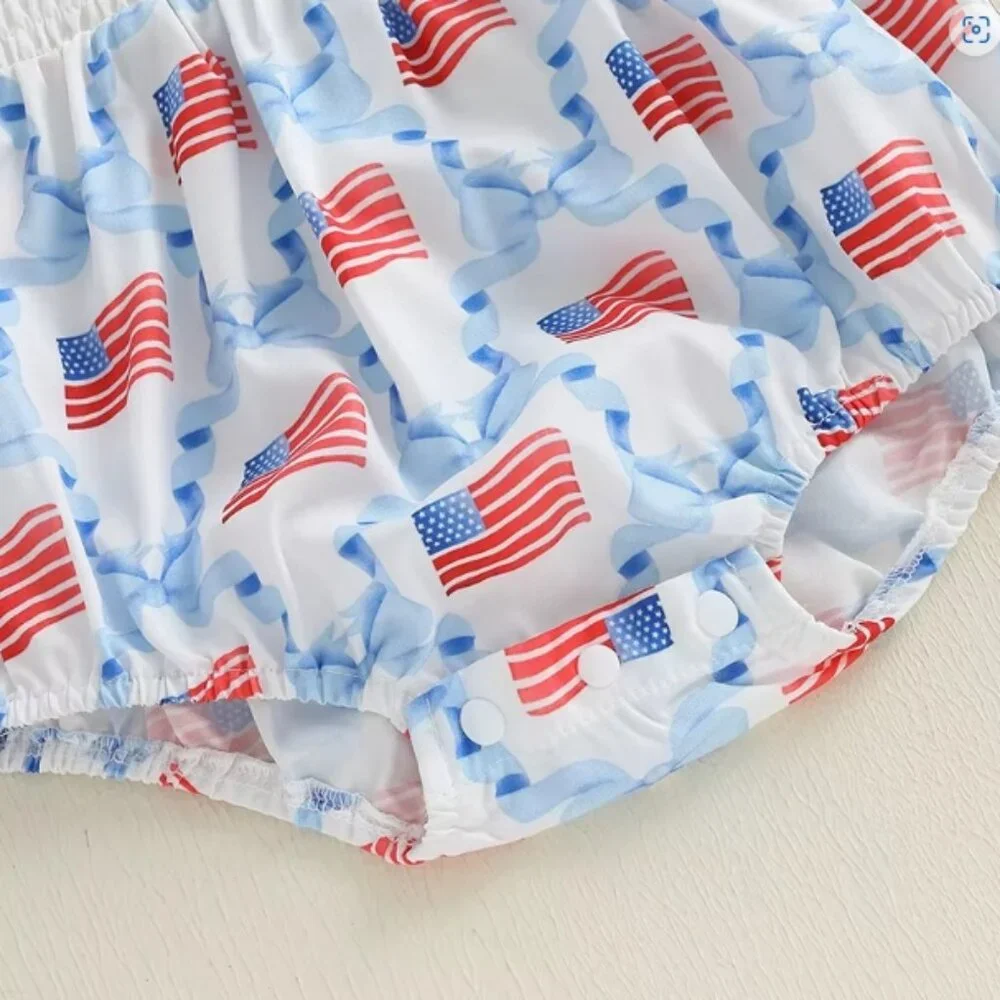 4th of July Baby Girls Embroidered Flag Bow Sleeveless Romper Jumpsuit